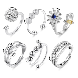 Aucuu 6 Stück Angst Spinning Ringe für Damen mit Perlen Band Ring, Offener Ringe Fidget Spinner Ringe, Zirkonia Zappelringe, Verstellbare Stapelbare für Stress abbauen - 1
