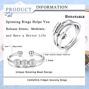 CASSIECA 8 Pcs Angst Spinnerei Ring mit Perlen für Frauen Männer Fidget Ringe für Angst dünne Stapelbar Ringe Stress Entlastungsring Spinner Ring Retro Einstellbare Band Ringe Ängstlichkeit Entlastung - 2