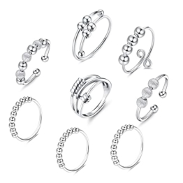 CASSIECA 8 Pcs Angst Spinnerei Ring mit Perlen für Frauen Männer Fidget Ringe für Angst dünne Stapelbar Ringe Stress Entlastungsring Spinner Ring Retro Einstellbare Band Ringe Ängstlichkeit Entlastung - 1
