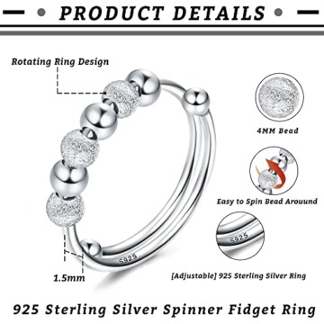 JeweBella 925 Sterling Silber Angst Ring Damen mit Beweglichen Perlen Anti Stress Ring Spinner Ring Zappel Ringe Dekompressionsring Verstellbare Offene Ringe für Damen Mädchen - 2