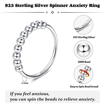 JeweBella 925 Sterling Silber Spinning Angst Ring mit Beweglichen Perlen Band Ring für Damen Mädchen Anti Stress Ring Dünne Stapelbare Ringe Dekompressionsringe Zappel Ringe mit Ringmaßband - 2