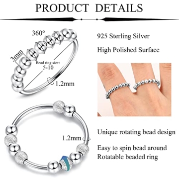 JeweBella Angst Ring Silber für Damen Mädchen Achtsamkeitsring mit Perlen Anti Stress Ring Silber Größe 49-62 - 2