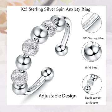 KALVICA 2 Stücke 925 Sterling Silber Angst Ringe für Damen Männer Spinner Ringe mit Perlen Silber Anxiety Ring Set Drehen Verstellbare Ring mit Stapelbare Fidget - 2