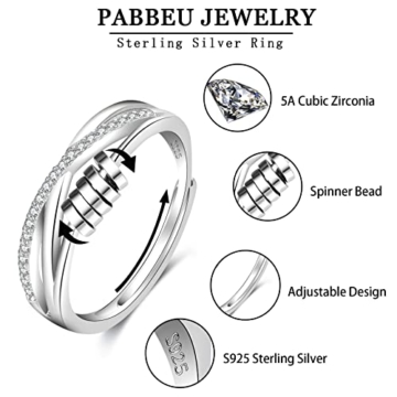 PABBEU Anxiety Ring Sterling Silber Fidget Ring mit kubischer Zirkon Einstellbar Anti Stress Ring Spinner Achtsamkeitsring für Damen Herren Tochter - 2