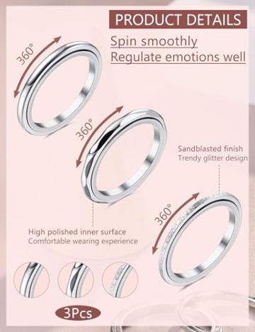 Adramata 3 Stück Anti-Stress Spinner Ring Set - Edelstahl Anxiety-Ringe für Frauen - Coole Fidget-Band in Silber - 2