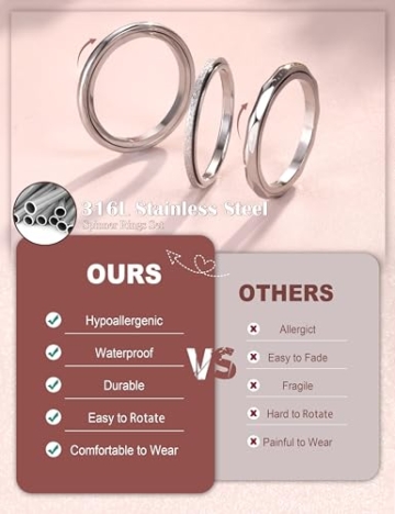 Adramata 3 Stück Anti-Stress Spinner Ring Set - Edelstahl Anxiety-Ringe für Frauen - Coole Fidget-Band in Silber - 4