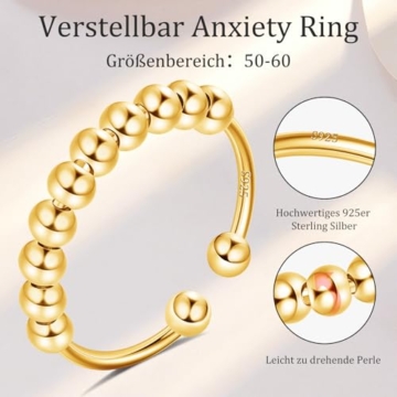 Ahokei Anxiety Ring Silber 925 Stress Ring 50-60MM Fidget Damen Damen Gold,Stressring Silber Ringe 925 Frauen Angstring Spinner Anxiety Ringe Gold Verstellbar Geschenk Für Frauen - 4