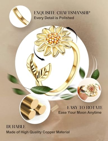 CASSIECA 9 Pcs Angst Spinnerei Ring mit Perlen für Frauen Männer Fidget Ringe für Angst dünne Stapelbar Ringe Stress Entlastungsring Anxiety Zirkonia Blume Offen Spinner Ring Gold - 2