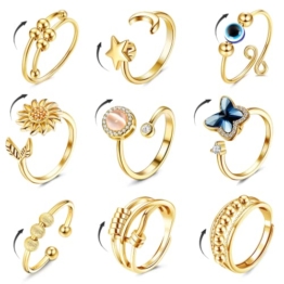 CASSIECA 9 Pcs Angst Spinnerei Ring mit Perlen für Frauen Männer Fidget Ringe für Angst dünne Stapelbar Ringe Stress Entlastungsring Anxiety Zirkonia Blume Offen Spinner Ring Gold - 1