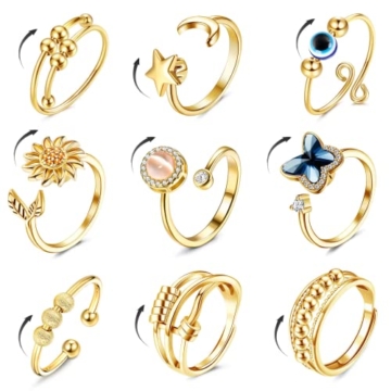 CASSIECA 9 Pcs Angst Spinnerei Ring mit Perlen für Frauen Männer Fidget Ringe für Angst dünne Stapelbar Ringe Stress Entlastungsring Anxiety Zirkonia Blume Offen Spinner Ring Gold - 1