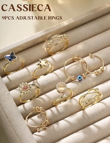 CASSIECA 9 Pcs Angst Spinnerei Ring mit Perlen für Frauen Männer Fidget Ringe für Angst dünne Stapelbar Ringe Stress Entlastungsring Anxiety Zirkonia Blume Offen Spinner Ring Gold - 7