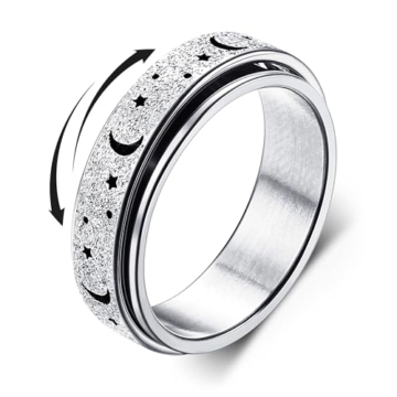 Diamday Anti-Angst Spinner Ring für Stress und Angstlinderung - Drehbare Ringe für Damen und Herren - Edelstahl Roller mit Mondstern Sand Blast Finish - 1