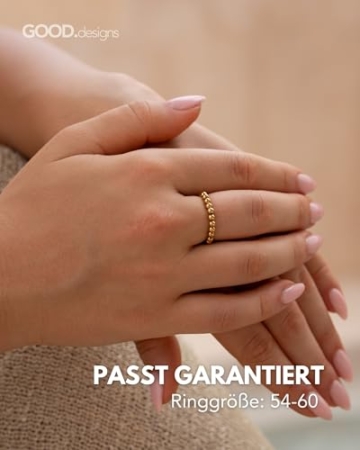 GD GOOD.designs Antistress Ring aus Edelstahl Perlen 3mm | Elastische Anxiety Rings in 18K Gold - Wasserfeste goldene Perlenringe Damen | Ringgröße 54-60 - 5