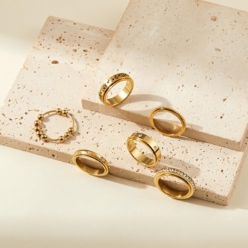 LOFITOR 6 Stück Anti-Angst Spinner Ringe Fidget Band Ring für Stress Angstlinderung für Damen Herren Edelstahl Roller Anti-Stress Ringe Set Coole Anxiety Band Ring CZ Mond&Stern Gold Silber 9 - 2