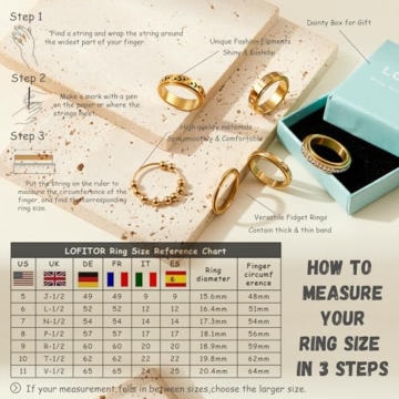 LOFITOR 6 Stück Anti-Angst Spinner Ringe Fidget Band Ring für Stress Angstlinderung für Damen Herren Edelstahl Roller Anti-Stress Ringe Set Coole Anxiety Band Ring CZ Mond&Stern Gold Silber 9 - 4