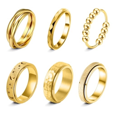 LOFITOR 6 Stück Anti-Angst Spinner Ringe Fidget Band Ring für Stress Angstlinderung für Damen Herren Edelstahl Roller Anti-Stress Ringe Set Coole Anxiety Band Ring CZ Mond&Stern Gold Silber 8 - 1