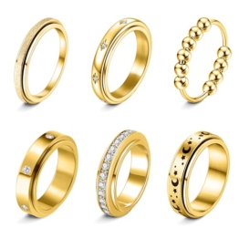 LOFITOR 6 Stück Anti-Angst Spinner Ringe Fidget Band Ring für Stress Angstlinderung für Damen Herren Edelstahl Roller Anti-Stress Ringe Set Coole Anxiety Band Ring CZ Mond&Stern Gold Silber S8 - 1