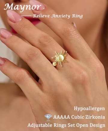 Maynor Anxiety Ring für Damen Frauen，Verstellbare Gold Zirkon Blumen Skills Ringe，Anti Stress Rings，Stress Spinner Fidget Ring gegen Angst–Geschenk für Frauen - 3