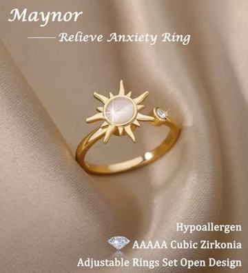Maynor Anxiety Ring für Damen Frauen，Verstellbare Gold Zirkon Blumen Skills Ringe，Anti Stress Rings，Stress Spinner Fidget Ring gegen Angst–Geschenk für Frauen - 4