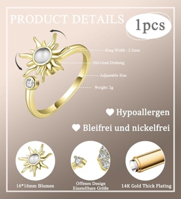 Maynor Anxiety Ring für Damen Frauen，Verstellbare Gold Zirkon Blumen Skills Ringe，Anti Stress Rings，Stress Spinner Fidget Ring gegen Angst–Geschenk für Frauen - 5