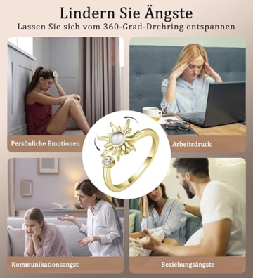 Maynor Anxiety Ring für Damen Frauen，Verstellbare Gold Zirkon Blumen Skills Ringe，Anti Stress Rings，Stress Spinner Fidget Ring gegen Angst–Geschenk für Frauen - 6