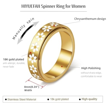 MIYUEFAN Anti-Angst Spinner Ringe für Damen, Edelstahl Roller Ringe Anxiety Gänseblümchen Ring Schmuck für Frauen Stress Abbauen (Gold, 10) - 5