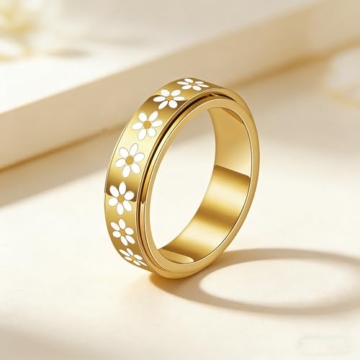 MIYUEFAN Anti-Angst Spinner Ringe für Damen, Edelstahl Roller Ringe Anxiety Gänseblümchen Ring Schmuck für Frauen Stress Abbauen (Gold, 10) - 7
