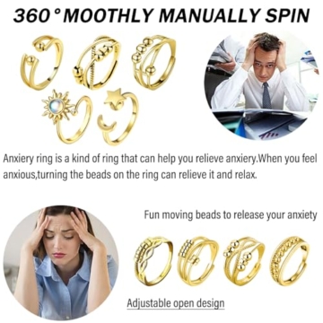 MLPKOI 9 Stück Fidget Ring Mädchen, Anxiety Ring Spinner Ringe Damen Fidget Rings Set, Verstellbar Anti Stress Rings, Einstellbar Offen Spinner, für MäDchen Herren Geburtstags-Party-Geschenke, Gold - 4