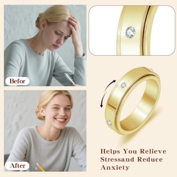 Senteria Gold Anti-Angst Anxiety Ring Damen Edelstah Fidget Ring für Anti Stress Spinner Anti Stress Ringe mit CZ - 3